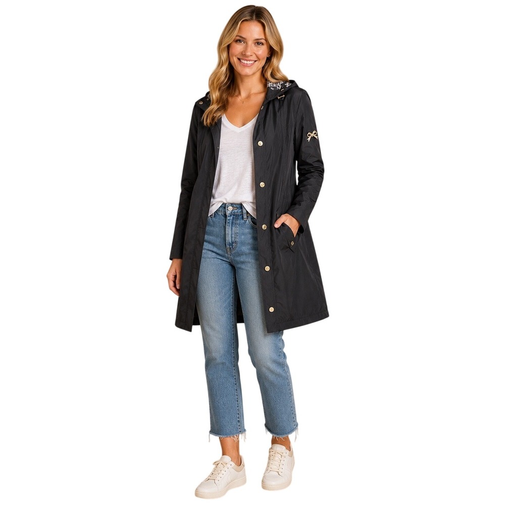 Betsey‎ Johnson Coquette Bow Sleeve Hooded Raincoat Jacket Black M